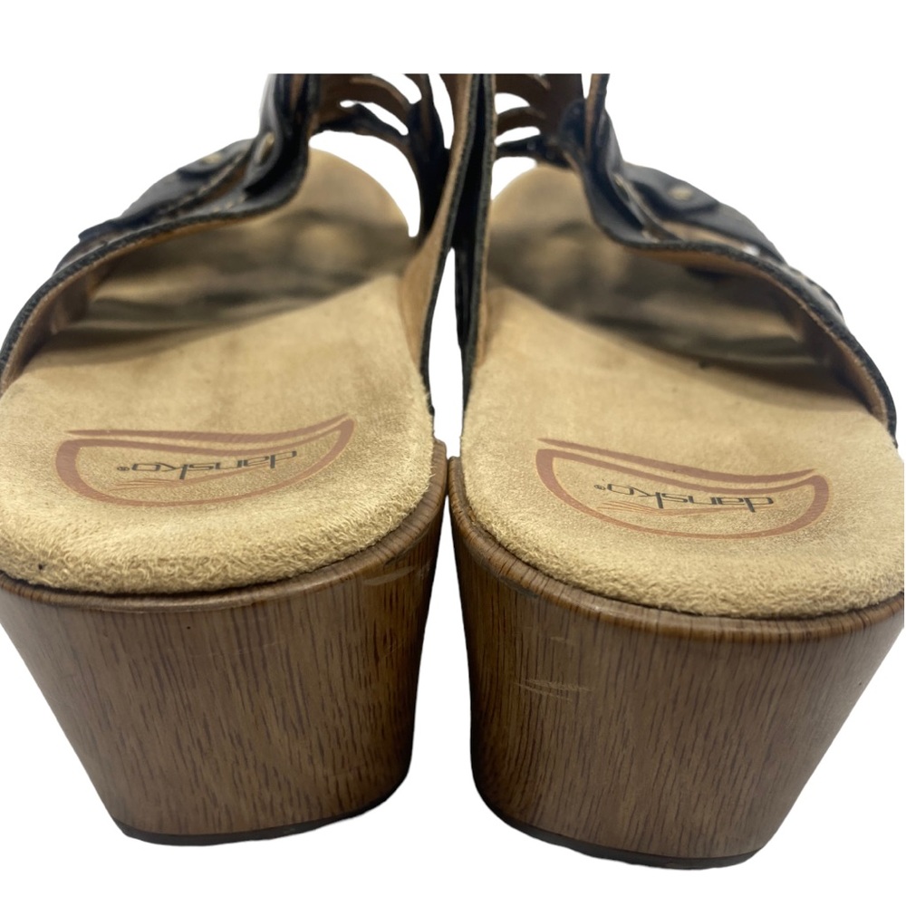 Dansko Black Leather Floral Strap Clog Mules with Wood-Tone Heel - Picture 3 of 9